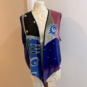 Shekina 100% Silk Handpainted Abstract Bohemian Multi Colored Open Front Vest M